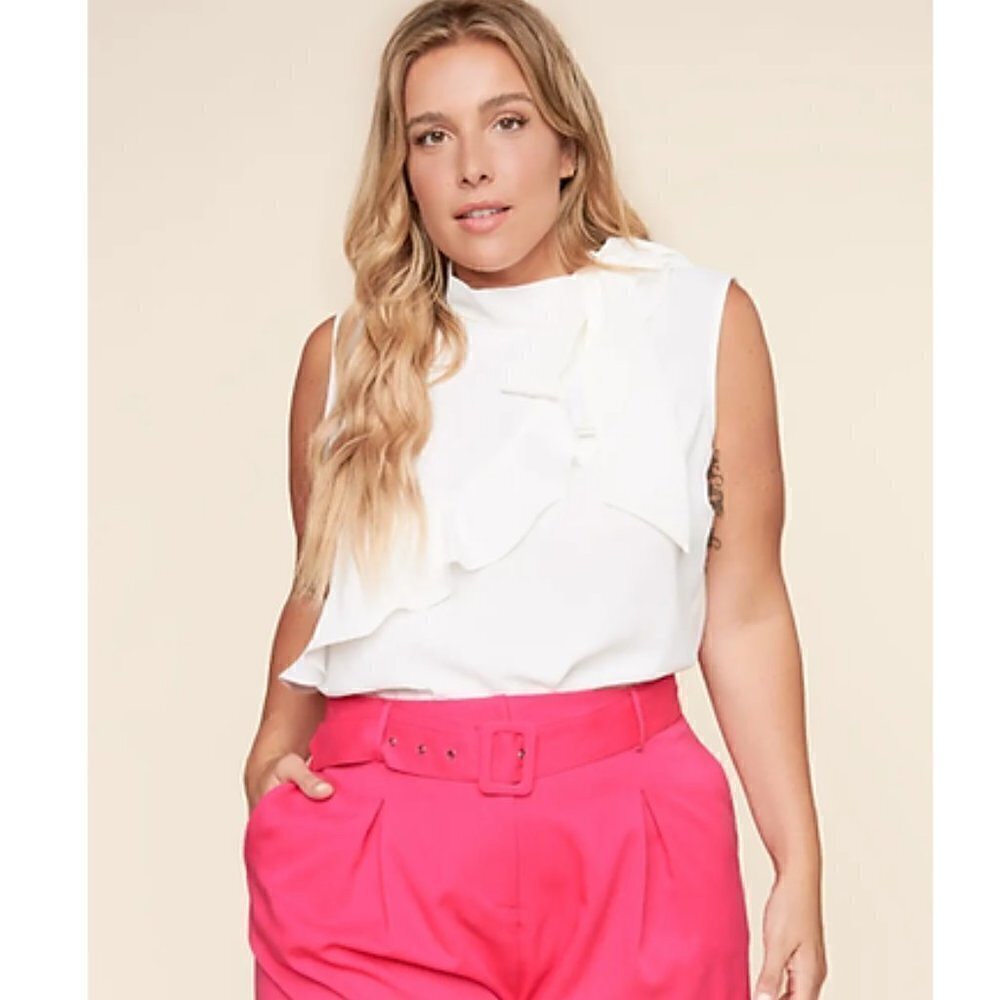 Women’s White Sleeveless Ruffle Front High Neck Blouse